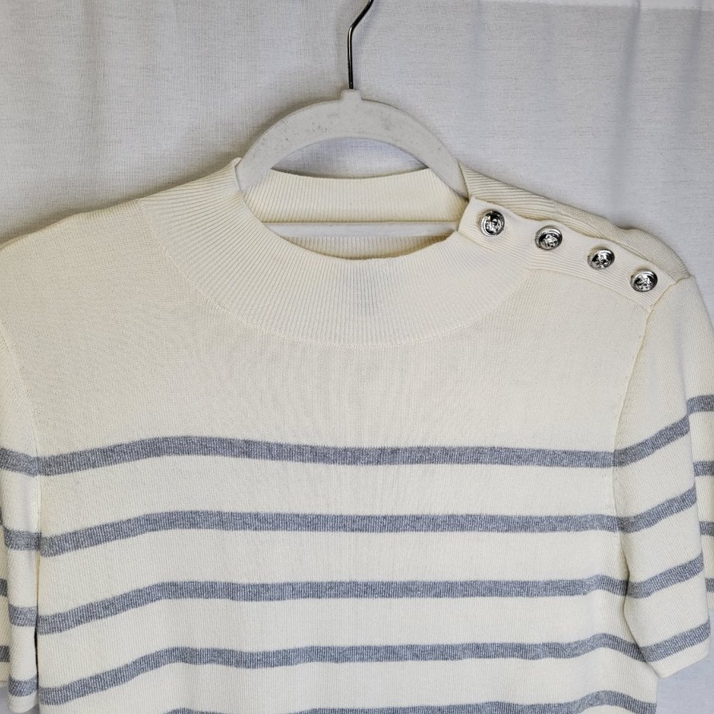 Talbots Women's Medium Sweater Gray White Striped Short Sleeve - Picture 4 of 6